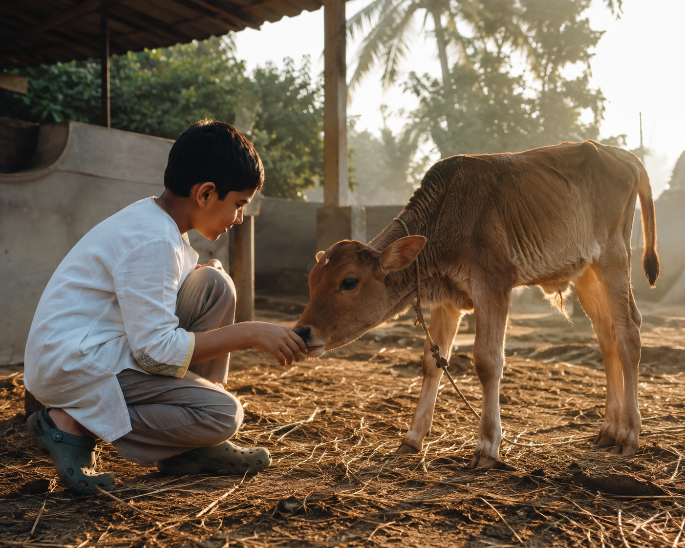 A child meeting a calf on the farm in morning light