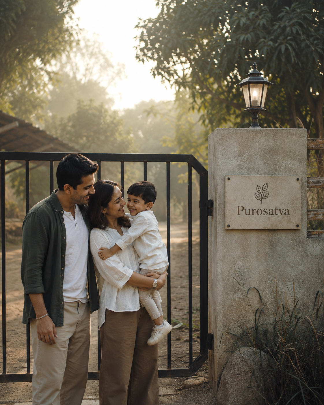 A family at the PuroSatva farm gate at first light
